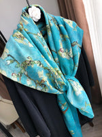 100% Cashmere scarf women  2020 autumn winter thin oil painting art apricot flower finger long  enlarged shawl Wrap 200-100 cm