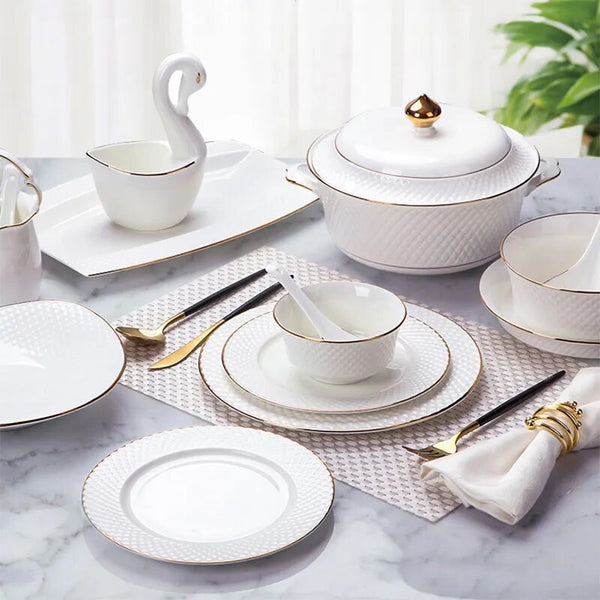 AOOKMIYA 58pcs 60pcs Jingdezhen Bone China Porcelain Gilded Edge Bowl and Dish Plate Set Dinnerware Tableware Set