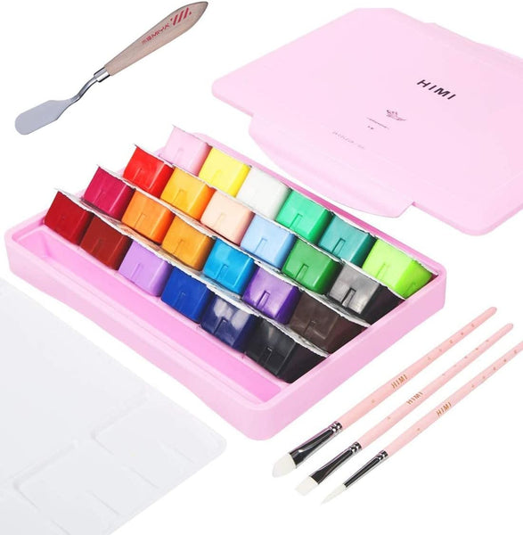 MIYA HIMI Gouache Paint Set, 24 Colors x 30ml Unique Jelly Cup Design with 3 Paint Brushes in a Carrying Case Perfect for Artists, Students, Gouache Opaque Watercolor Painting (Pink)