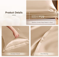 Silk Cal. King Sheet Set 4 Pcs, 19 Momme 100% Top Grade Natural Mulberry Silk Bed Sheets, Luxury Bedding Sets -Ultra Soft Durable, 1 Fitted Sheet, 1 Flat Sheet and 2 Pillow Shams, Champagne