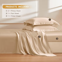 Silk Cal. King Sheet Set 4 Pcs, 19 Momme 100% Top Grade Natural Mulberry Silk Bed Sheets, Luxury Bedding Sets -Ultra Soft Durable, 1 Fitted Sheet, 1 Flat Sheet and 2 Pillow Shams, Champagne