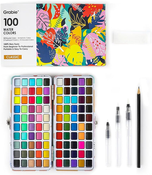 Grabie Watercolor Paint Set, Watercolor Paints, 100 Colors, Painting Set with Water Brush Pens and Drawing Pencil, Great for Kids and Adults, Art Supplies, Perfect Starter Kit for Watercolor Painting