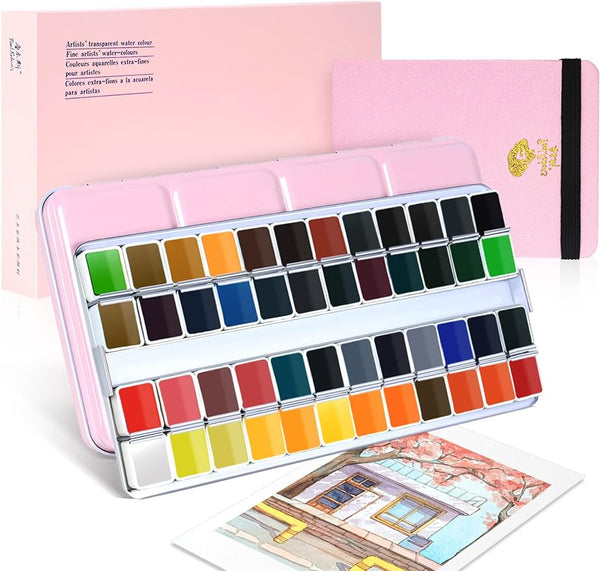 AOOKMIYA  Paul Rubens Watercolor Paint Artist Grade, 48 Colors Watercolor Paints Set Solid Cakes with Palette and Watercolor Journal 100% Cotton Hot Press For Artists Painters