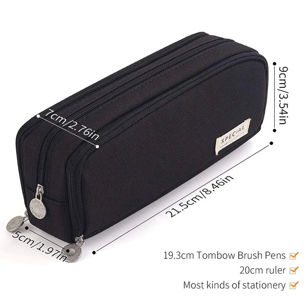 ANGOO Large Capacity Pencil Case 3 Compartment Pouch Pen Bag for School Teen Girl Boy Men Women (Black)