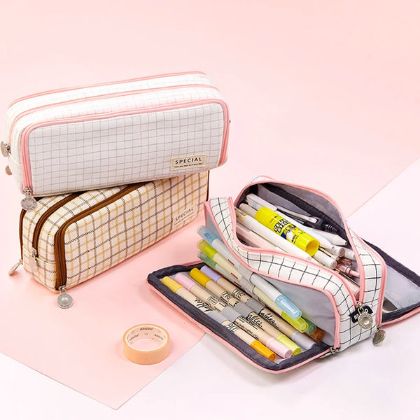 Angoo Dual Side Open Pen Case Pencil Bag 3 Compartments Multi Color Grid Dots Pocket Storage Pouch Stationery School A6899