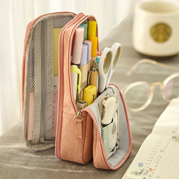Angoo Youth Pen Bag Pencil Case, Mint Stripe Simple Pink Dots Canvas Pens Phone Holder Storage Pouch for Stationery School F171