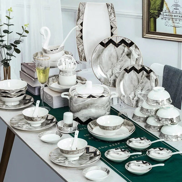 AOOKMIYA Jingdezhen-bone china tableware, marble ceramic plate, chopsticks, spoon combination set