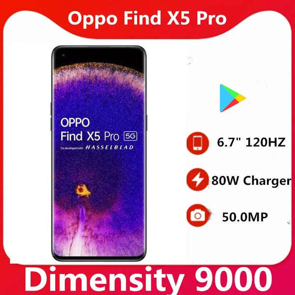 Original Oppo Find X5 Pro 5G Mobile Phone Dimensity 9000 Android 12.0 Screen Finerprint 6.7" 120HZ 80W Charger 50.0MP IP68