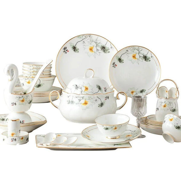 AOOKMIYA Simple European Bone Porcelain Tableware Set High-grade Gift-giving Jingdezhen Ceramics Combination Set Bowl and Disk Set Househ