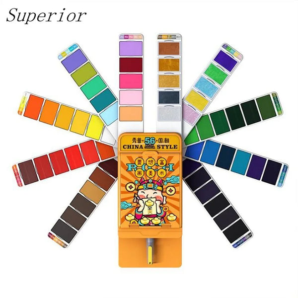 Superior 32/56Colors Chinese Style Solid Watercolor Paints Set With Water Brush Pen Metallic Water Color Acuarelas Art Supplies