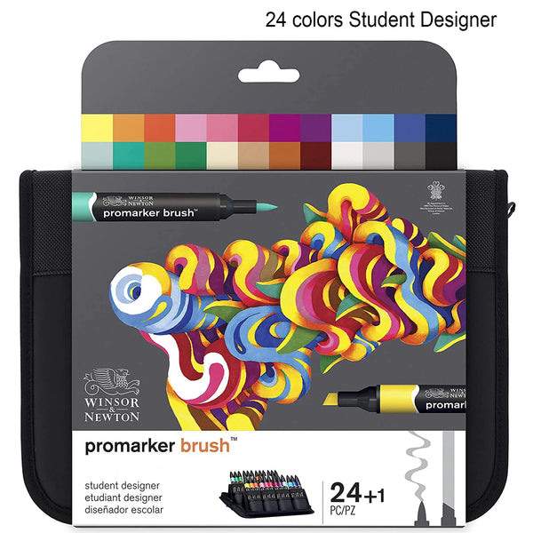 Winsor & Newton 24 Colors Student Design Promarker Brush Marker Double Tips (Soft nib/Hard chisel nib)