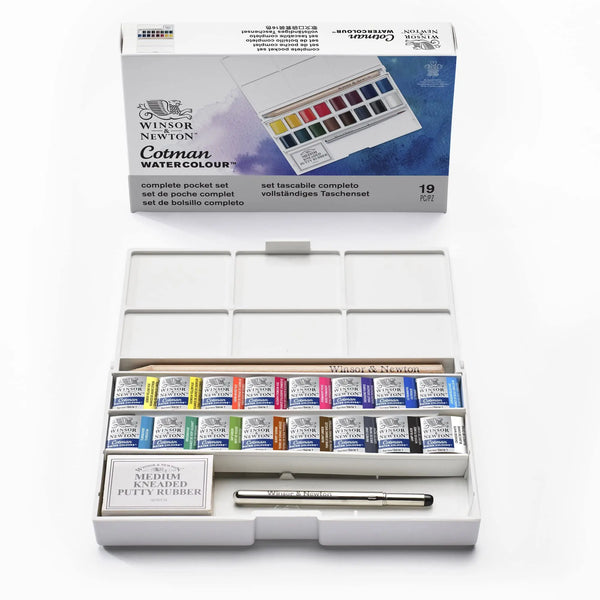 Winsor & Newton Cotman Portable Travel Watercolor Paint Set Complete Pocket Set 16 Half Pans Watercolor Brush Eraser Palette