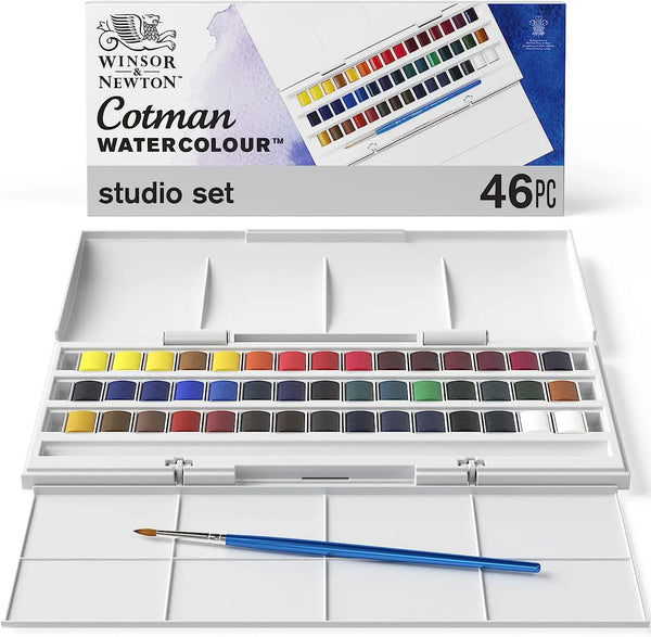 Winsor & Newton Cotman Watercolor Paint Set Studio Set 45 Half Pans with Painting Brush Artists Portable Drawing Supplies
