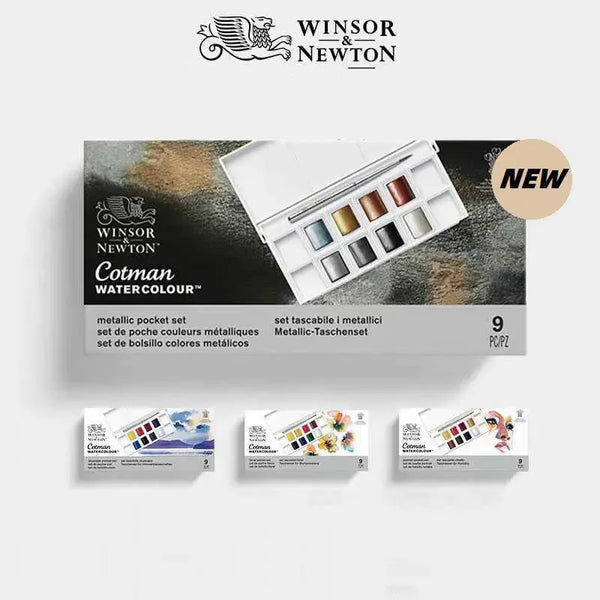 Winsor & Newton Portable Travel Watercolor Paint Set 8 Color Half Pans Colors Palette with Brush for Beginner Aquarela Painting