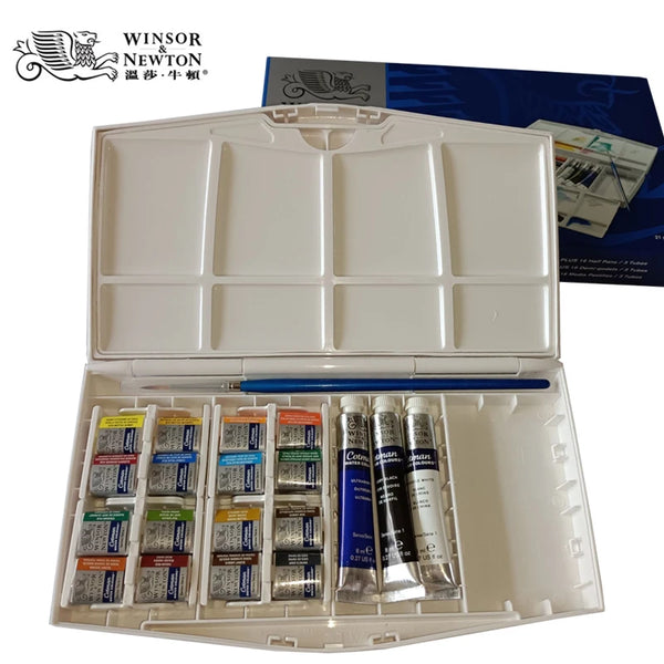 Winsor&Newton Watercolor Pigment  Water Color Paints 16 Colors Solid half pans +3 Tubes + 1 Paint Brush