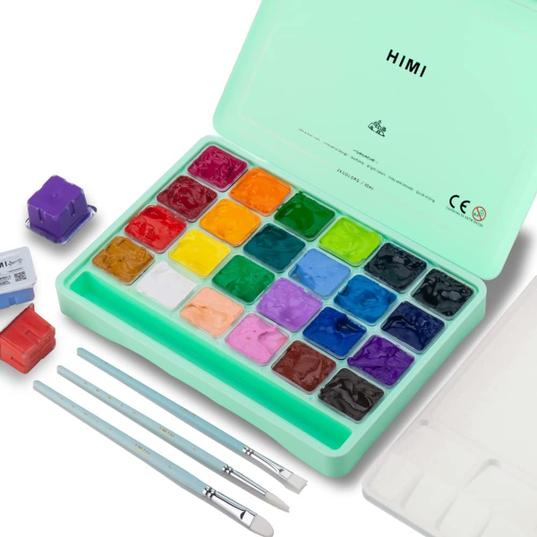 HIMI Gouache Paint Set, 24 Colors X 30Ml/1Oz with 3 Brushes & a Palette, Unique