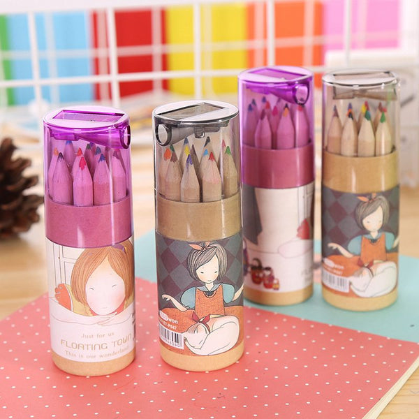 12 Colors Crayons Colored Pencils With Sharpener Kawaii Cute Girls Fine Drawing Colour Pencil Set for School Sketch Painting