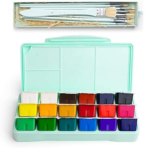 AOOK MIYA HIMI Gouache Paint Set 18-24 Vibrant Colors Non Toxic Paints Jelly Cup Design with Palette Paint Brushes Portable for Artist Canvas Painting Watercolor Papers, Rich Pigment, 30ml/Cup