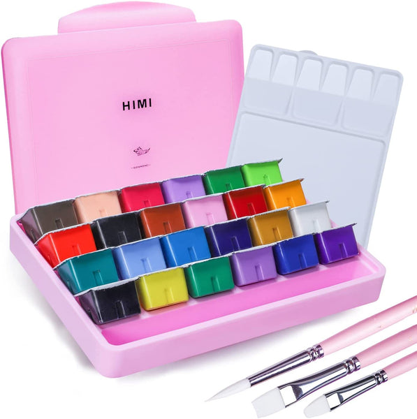 HIMI Gouache Paints set, 24 Colors, 30ml, 24 US fl oz, Jelly Cup Design with 3 PCS Paint Brushes, Non Toxic Paint for Canvas and Paper, Art Supplies for Professionals, Students, and Kids (Pink Case)