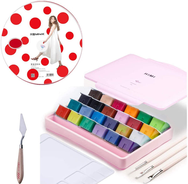 AOOK HIMI Gouache Paint Set Jelly Cup 24 Vibrant Colors Non Toxic Paints with Portable Case Palette for Artist Canvas Painting Watercolor Papers, Rich Pigment, (28 Pink 24+3+1)