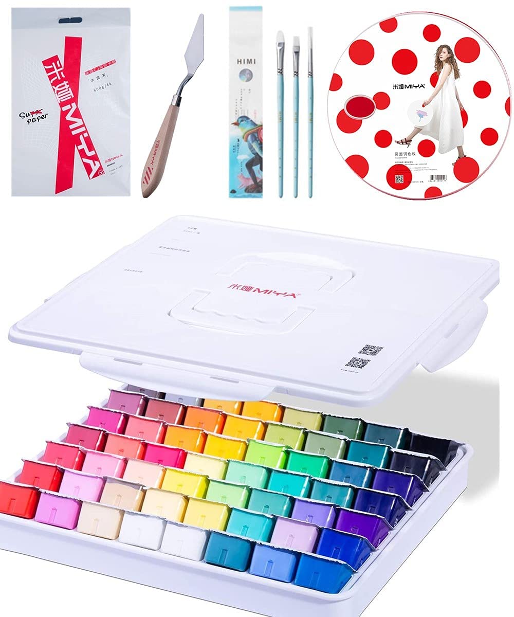  AOOK HIMI MIYA Gouache Paint Set, 56 Colors x 30ml Unique Jelly  Cup Design in a Carrying Case Perfect for Artists, Students, Gouache Opaque  Watercolor Painting（Comes with red dot drawing plate） 