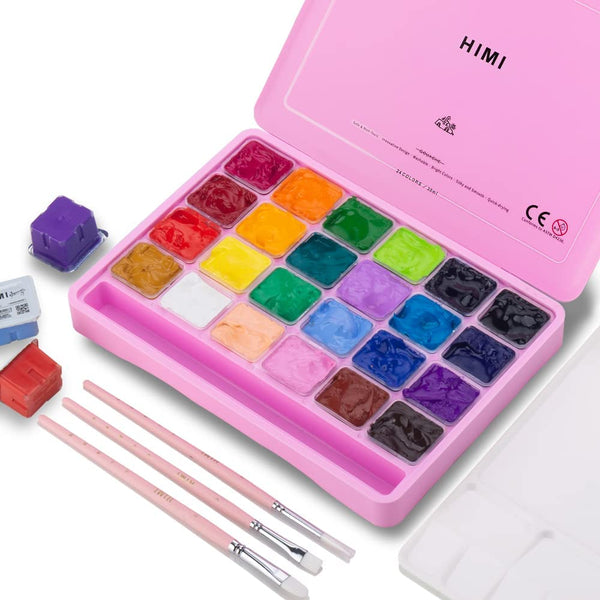 HIMI Gouache Paint Set, 24 Colors x 30ml/1oz with 3 Brushes & a Palette, Unique Jelly Cup Design, Non-Toxic, Guache Paint for Canvas Watercolor Paper - Perfect for Beginners, Students, Artists(Pink)
