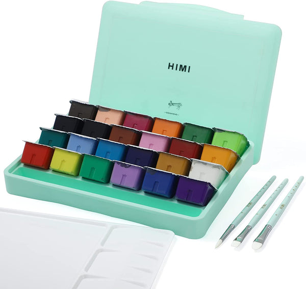 HIMI Gouache Paint Set, 24 Colors x 30ml (1oz) with 3 Paint Brushes and Palette, Jelly Cup Design Gouache for Beginners, Kids, Students and Artists, Opaque Watercolor Painting (Green)