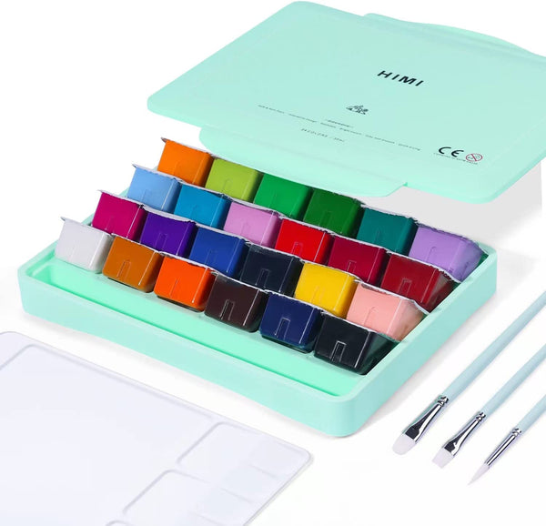 HIMI Gouache Paint Set, 24 Colors x 30ml Unique Jelly Cup Design with 3 Paint Brushes and a Palette in a Carrying Case Perfect for Artists, Students, Gouache Opaque Watercolor Painting (Green)