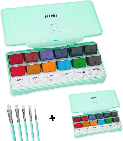 HIMI Gouache Paint, Set of 18 Colors×30ml with 5 Paint Brushes, Unique Jelly Cup Design, Non Toxic for Artist, Student & Kids, Gouache Painting--Green&Green（pack of 2）