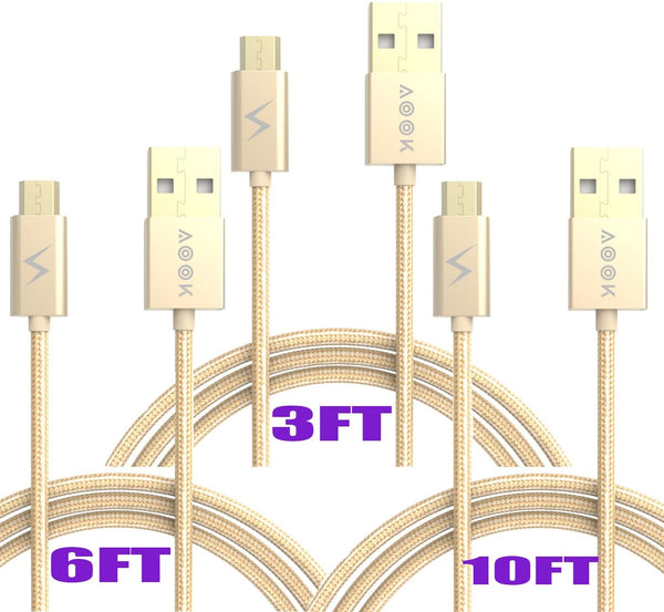 AOOK [3-Pack (3ft 6ft 10ft) Micro USB Cable Premium Nylon Braided Micro USB Charger Cord High Speed USB 2.0 A Male to Micro Sync and Charging Cable for Samsung, HTC, Motorola, Nokia, Android (Gold)