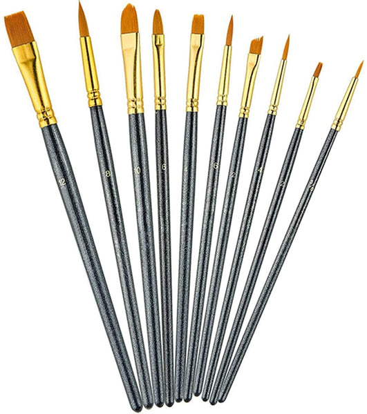 AOOK Acrylic Paint Brush Set, Nylon Hair Brushes for All Purpose Oil Watercolor Painting Artist Professional Kits (10p Black)