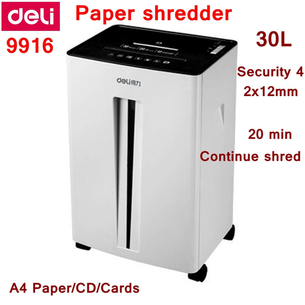 Deli 9916 Electric paper shredder 30L volume 220-230VAC/50Hz 240W 2x12mm scraps 20 minutes coutinue shred CD cards shredder