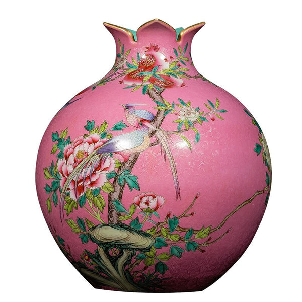 Gy jingdezhen vaso de cerâmica mão desenhada flores e pássaros padrão romã garrafa ornamento decoração escritório sala estar