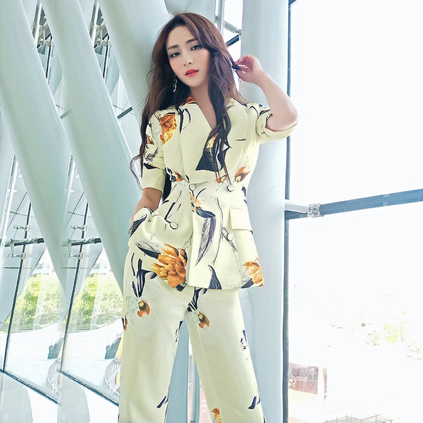 Aookdress spring and summer new professional women's pants suit fashion ol printing thin Blazer coat Long Pants
