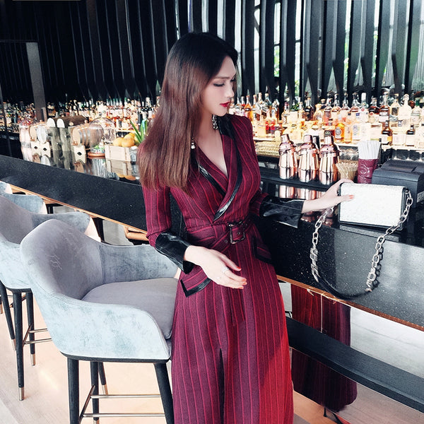 AOOKDRESS spring new suit collar slit long skirt nine-point sleeves and leather waist slim striped dress
