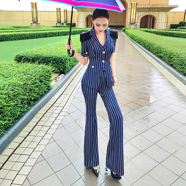 AOOKDRESS summer sexy casual professional wear women's suit fashion short sleeve striped coat temperament trousers two-piece suit