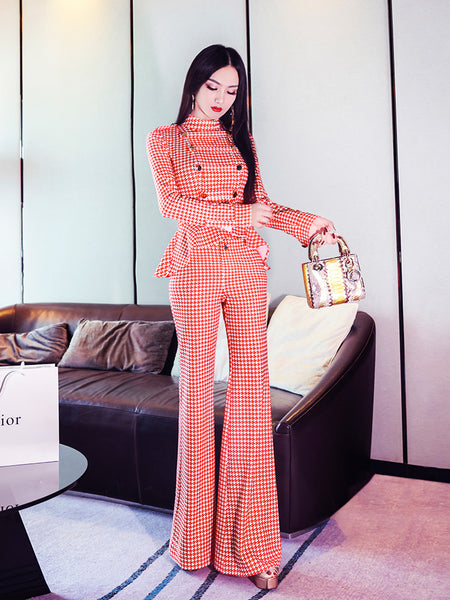 AOOKDRESS early spring houndstooth palace style suit 2021 new double-breasted slim-fit shirt two-piece flared pants