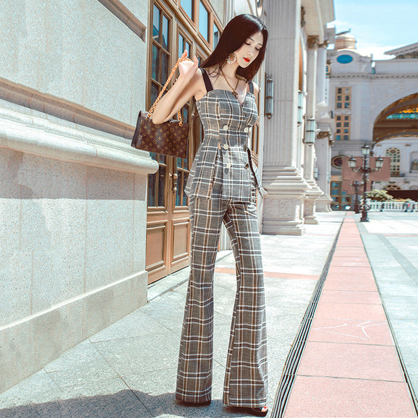 AOOKDRESS summer fashion plaid suit new fashion double-breasted camisole vest trousers two-piece suit