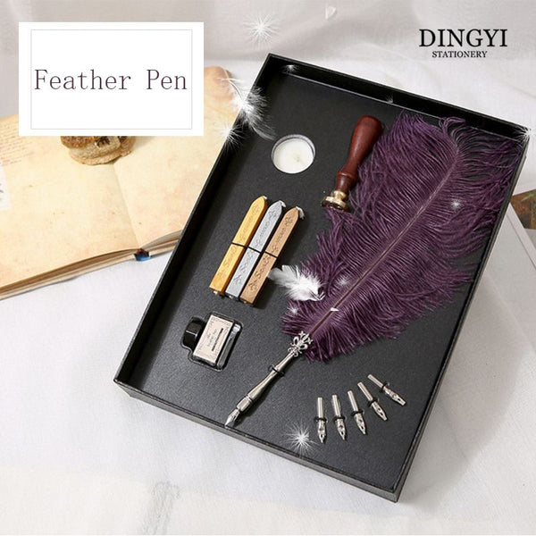 Retro Quill Natural Turkey Feather Dip Pen Caligraphy Fountain Pens Set With Ink Bottle 5 Nib Wax Seal Stamp Stationery Gift Box