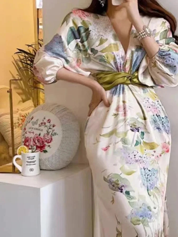 Spring Japan Style Elegant Floral Midi Dress Women Vintage Chic Bodyc –  AOOKMIYA