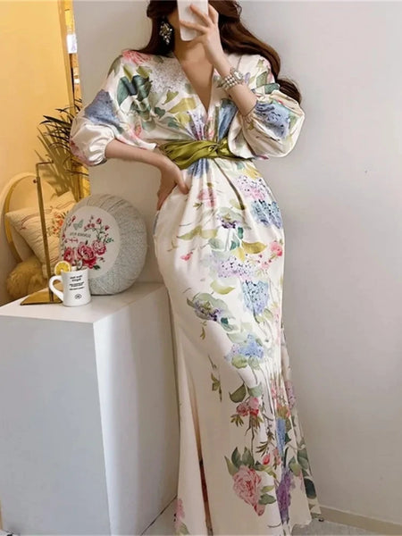 AOOKDRESS Retro floral midi women's dress, Japanese style, elegant bodycon, chic, party, birthday, women's fashion, spring, 1 piece