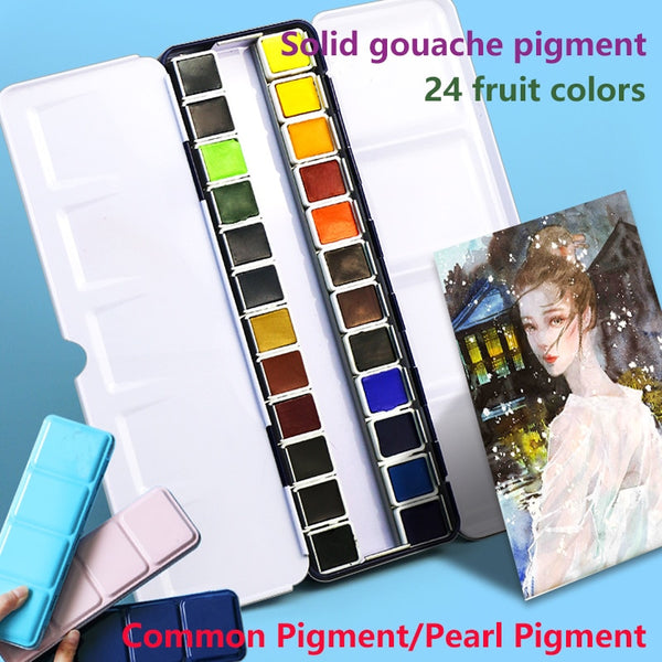 Art professional master painting 24 fruit color solid gouache paint independent small pieces of paint portable tin box packaging