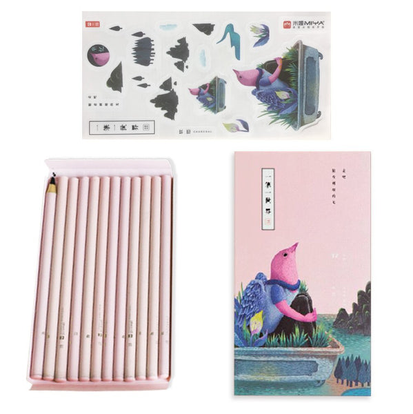 MiYA HIMI Little Birds Artist and Kids Charcoal soft  Pencil Set for Drawing Sketching 12 Pcs  in one set stickers attached