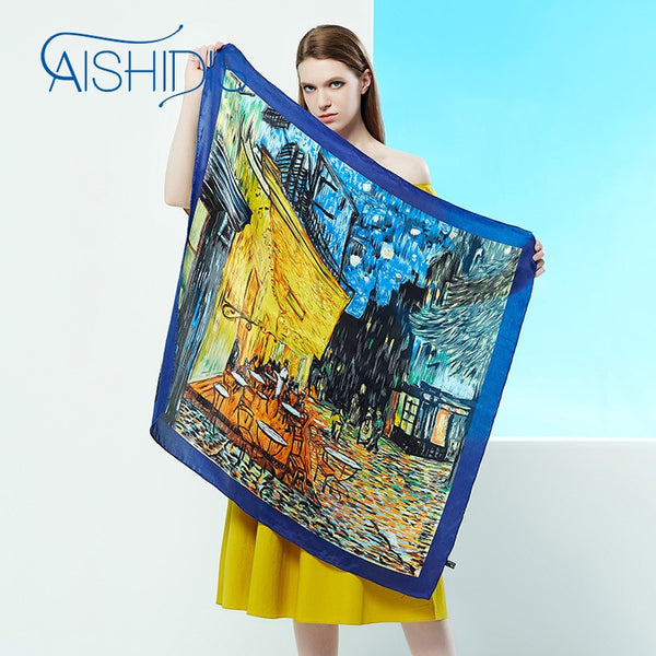 Aishidis Big Size Square Silk Scarf handkerchief  Van Gogh's Works "Van Gogh's Cafe Terrace at Night - Blue Color