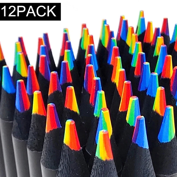 1/12Pack Rainbow Colored Pencils Multicolored 7 in 1 Black Wooden