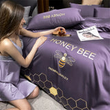 100% Cotton Luxury Bedding Set Bee Embroidery Solid Color Purple Comforter Covers 3/4 Piece Set Soft Highend Bedclothes