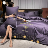 100% Cotton Luxury Bedding Set Bee Embroidery Solid Color Purple Comforter Covers 3/4 Piece Set Soft Highend Bedclothes