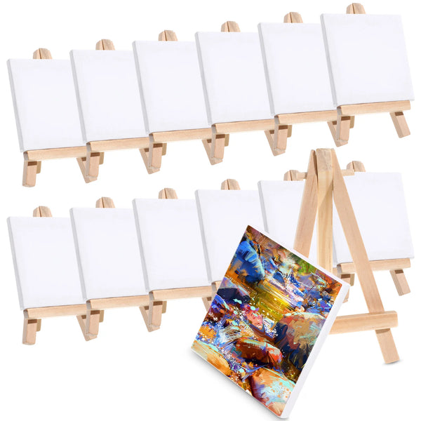 AOOKMIYA 12 Sets Mini Easels with Canvas Boards Small Easel Stands with Canvas Panels for Kids Students Adults Painting