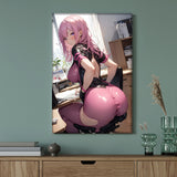 24x16 Inch Artistic Anime Poster: Luscious Pink-Haired Lady with a Curvaceous Butt, Perfect for Home Office, Bedroom, or Living Room Decor - Wrapped Canvas Frame