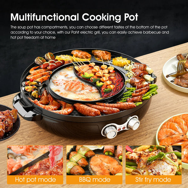 2 in 1 Electric Hot Pot BBQ Grill 1800W Multifunction Portable Home  Foldable Non-Stick Split Pot Smokeless Barbecue Pan